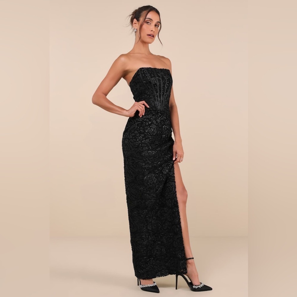 LULU’S STATELY AURA MESH VELVET STRAPLESS BUSTIER MAXI DRESS - Picture 3 of 16